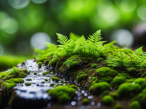 Close-up of Moss and Ferns on a Wet Surface