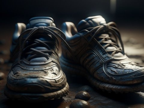 Close-up of Muddy Running Shoes on Rocky Ground