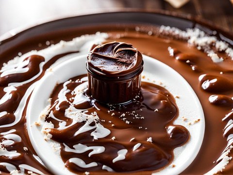 Close-up of Nutella Spread on White Plate with Jar