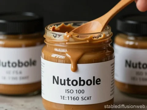 Close-up of Nutobole Nut Butter Jars with Wooden Spoon