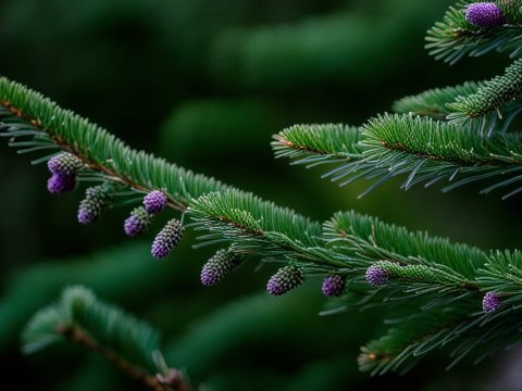 Close-up of Pine Branches with Purple Cones