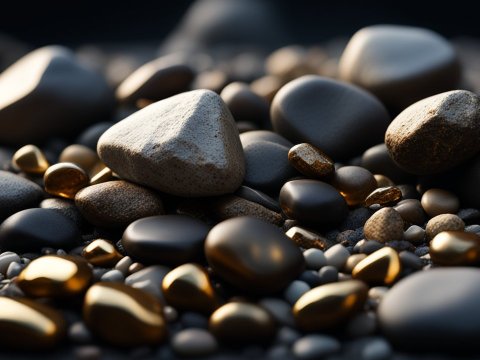 Close-up of Smooth Black and Golden Pebbles