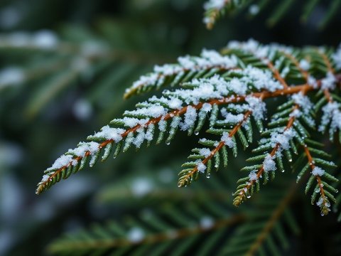 Close-up of Snow-Dusted Evergreen Branch