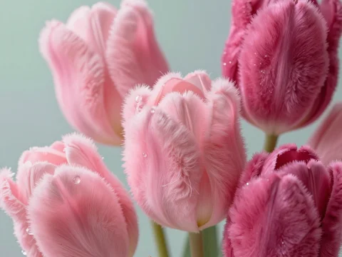 Close-up of Soft Pink Furry Tulips with Dewdrops