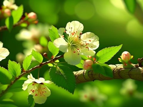 Close-up of Spring Blossoms on Branch with Green Leaves