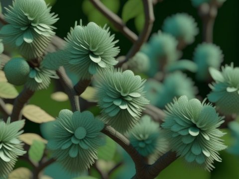 Close-up of Stylized Green Floral Clusters on Branches