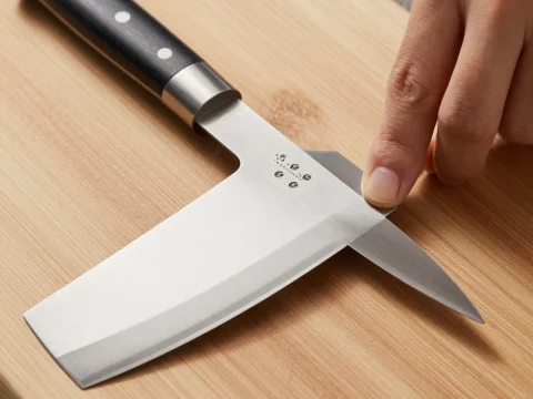 Close-up of Two Kitchen Knives on Wooden Cutting Board