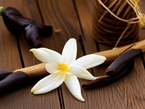 Close-up of Vanilla Pods and White Vanilla Flower on Wooden Surface