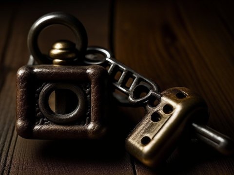 Close-up of Vintage Key and Lock on Wooden Surface