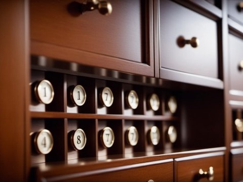 Close-up of Vintage Wooden Drawer Cabinet with Numbered Knobs