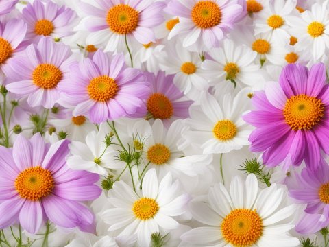 Close-up of White and Pink Cosmos Flowers on White Background