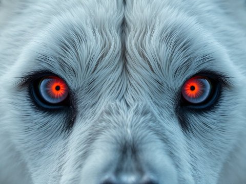 Close-up of White Wolf with Glowing Red Eyes