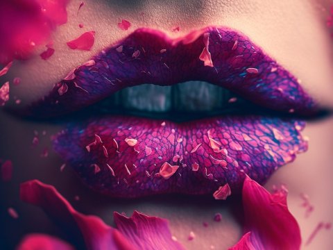Close-up of Woman's Lips with Purple Petals