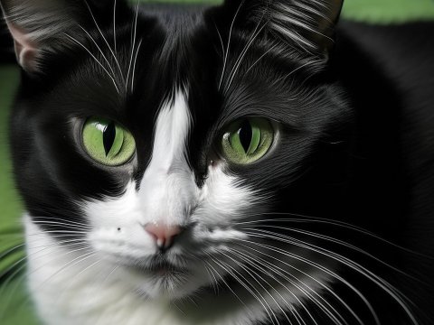 Close-up Portrait of a Black and White Cat with Green Eyes
