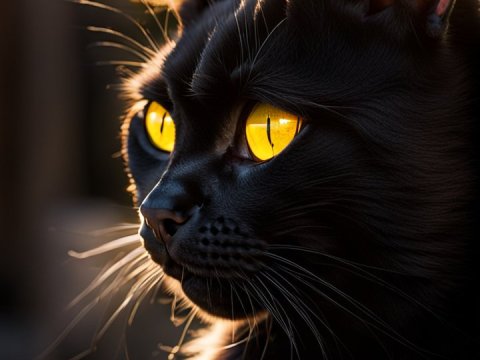 Close-up Portrait of a Black Cat with Glowing Yellow Eyes
