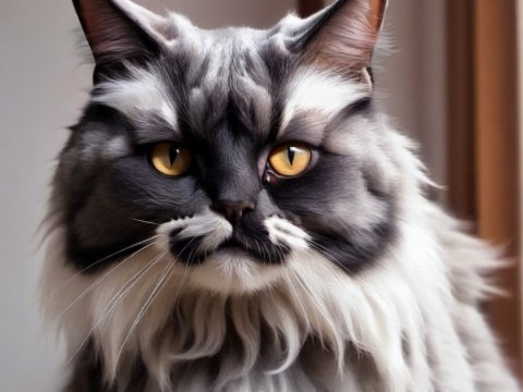 Close-up Portrait of a Fluffy Gray Cat with Golden Eyes