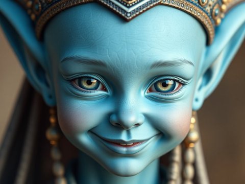 Close-up Portrait of a Smiling Blue Alien Child