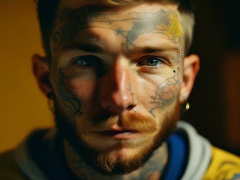 Close-up Portrait of a Tattooed Man with Intense Gaze