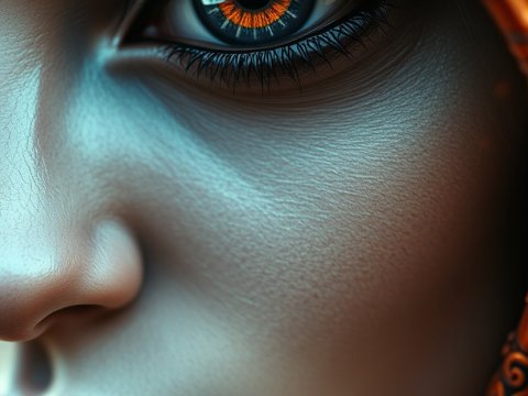 Close-up Portrait of an Alien Woman with Glowing Orange Eye