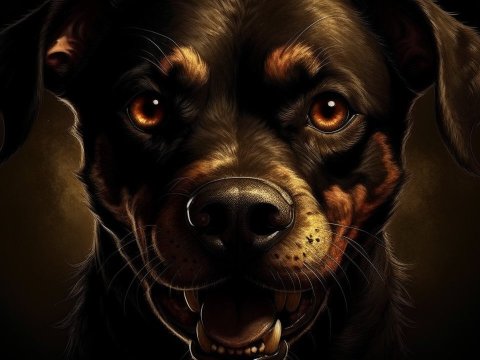 Close-up Portrait of an Intense Dog with Glowing Eyes