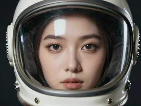 Close-up Portrait of Woman in Vintage Space Helmet