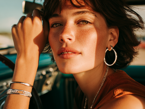 Close-up Portrait of Woman with Natural Freckles in Warm Light
