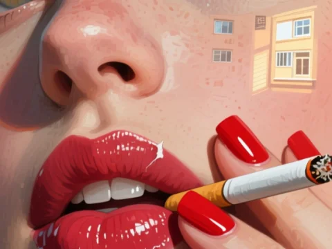 Close-up Portrait of Woman with Red Lips and Cigarette