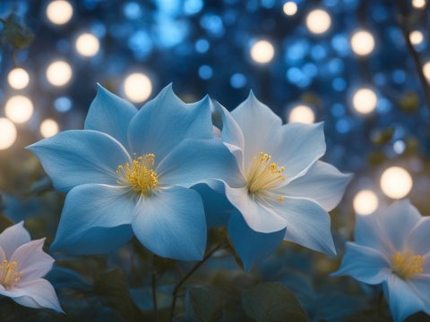 Closeup of Blue Moonflowers with Glowing Lights