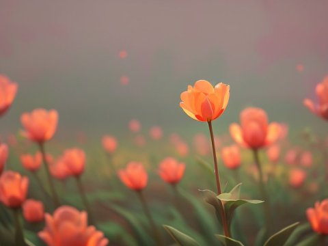 Closeup of Vibrant Orange Tulip in Blooming Field