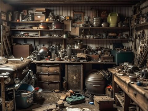 Cluttered Vintage Workshop with Antique Tools and Car