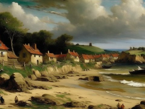 Coastal Village with Red-Roofed Cottages by the Sea