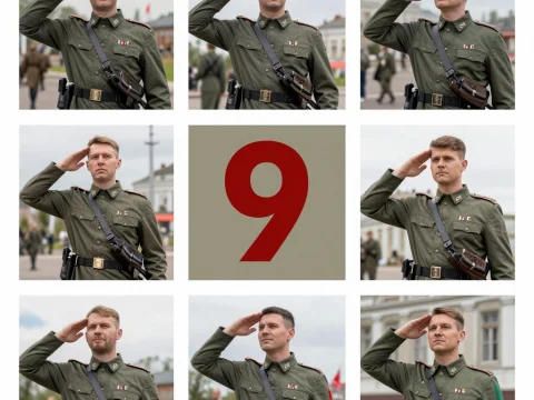 Collage of Soldiers Saluting with Central Number 9