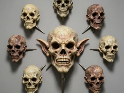 Collection of Spiked Skull Statues with Central Goblin Skull