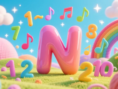 Colorful 3D Letter N with Numbers and Musical Notes in Yarn Landscape
