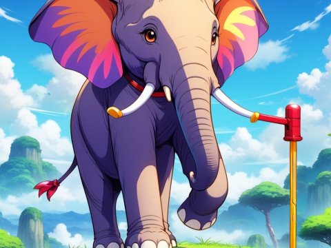 Colorful Anime Elephant on a Lush Cliff