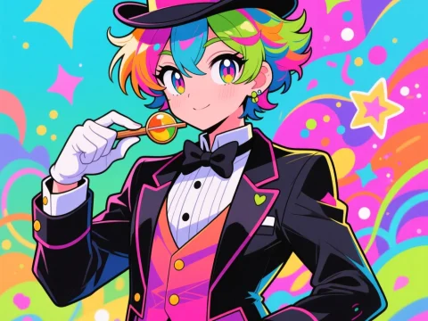 Colorful Anime Magician with Top Hat and Lollipop
