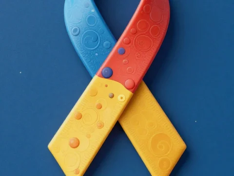 Colorful Autism Awareness Ribbon on Blue Background