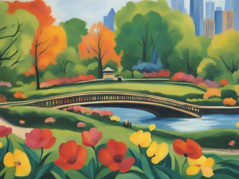 Colorful Autumn Park Landscape with Bridge and Flowers