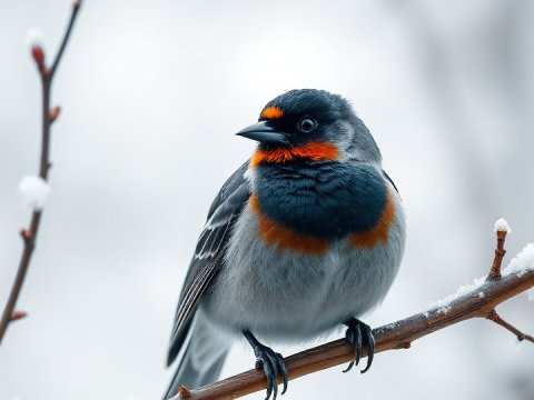 Colorful Bird Perched on Snowy Branch in Winter