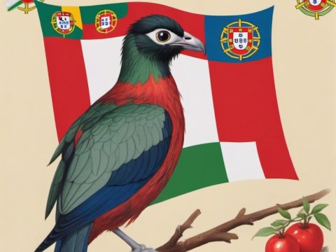 Colorful Bird Perched with Portuguese Flag and Tomatoes
