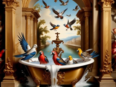 Colorful Birds Bathing in Ornate Golden Tub Amid Classical Architecture