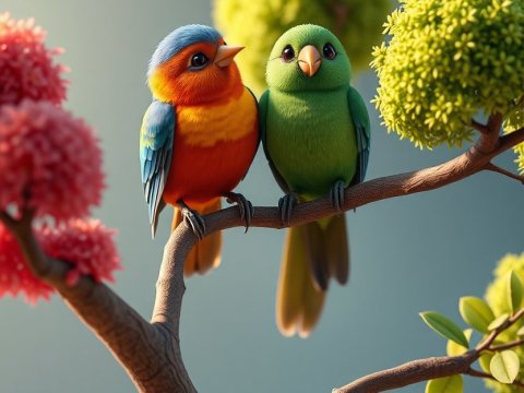Colorful Birds Perched on a Branch Amid Vibrant Foliage