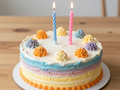 Colorful Birthday Cake with Two Lit Candles