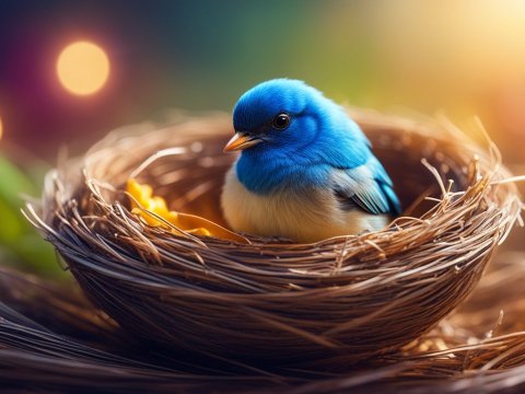 Colorful Blue Bird Nestled in Natural Nest