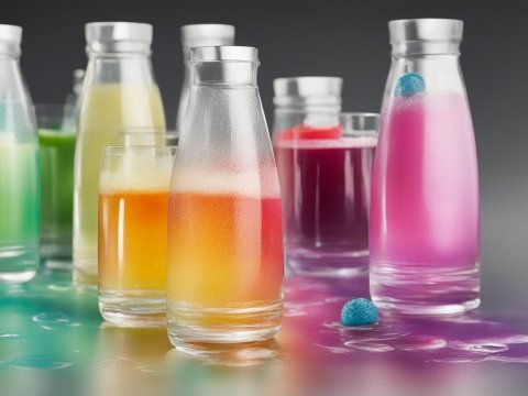 Colorful Bottled Drinks with Spilled Liquid on Surface