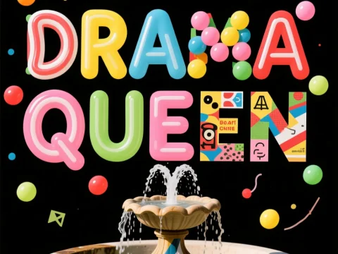 Colorful Bubble Gum Font Text 'Drama Queen' with Fountain