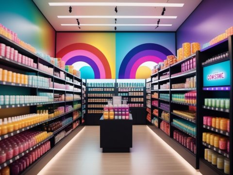 Colorful Candy Store Aisle with Rainbow Wall Art