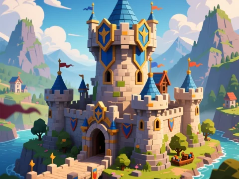 Colorful Cartoon Castle on a Cliff by the River