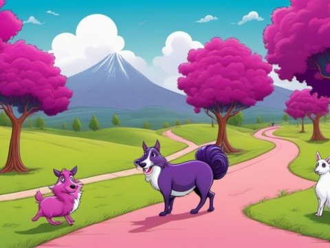 Colorful Cartoon Forest with Playful Animals and Pink Trees
