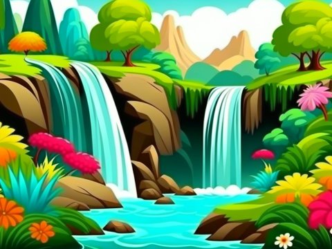 Colorful Cartoon Waterfall Landscape with Lush Flora